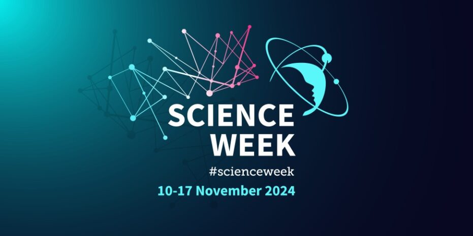 The graphic features the words "SCIENCE WEEK" prominently in the center, with the hashtag "#scienceweek" below it. The dates "10-17 November 2024" are displayed at the bottom. The background has a gradient of dark blue to teal, with a design of interconnected dots and lines on the left side and an atomic model graphic on the right side.