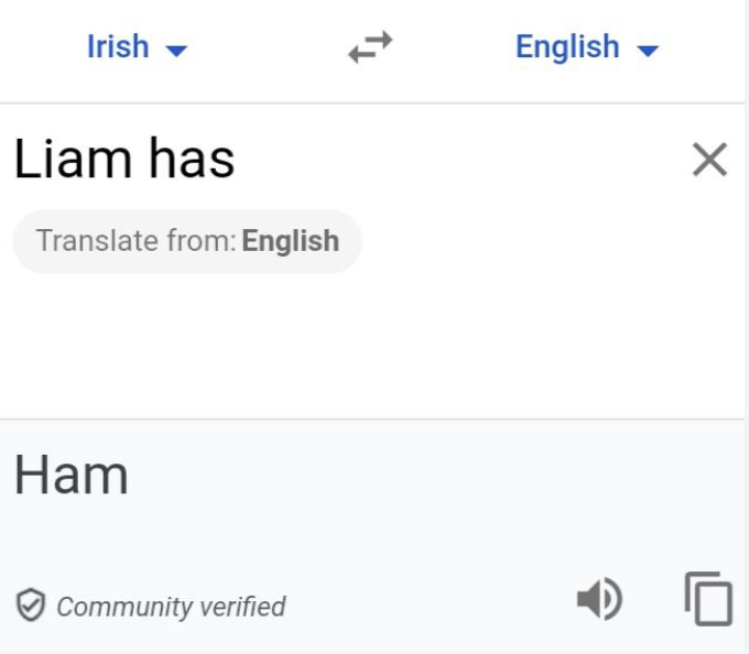 Mistranslation of Irish word for ham on Google Translate