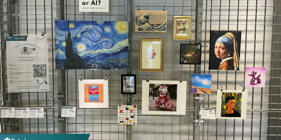 an art exhibition featuring famous artworks on a metal grid wall. The display includes reproductions of Van Gogh's Starry Night, Vermeer's Girl with a Pearl Earring, Hokusai’s The Great Wave, Andy Warhol's Campbell's Soup Cans, and Jeff Koons' Balloon Dog, among others. There is a sign at the top that reads "ART or AI? Museum of Very Modern Art," inviting viewers to guess whether the artworks were created by artificial intelligence or by humans. A QR code and instructions for participation are visible on the left side, along with small labels identifying each piece. The exhibition is part of the #DiscussAI initiative, exploring the intersection of art and AI.