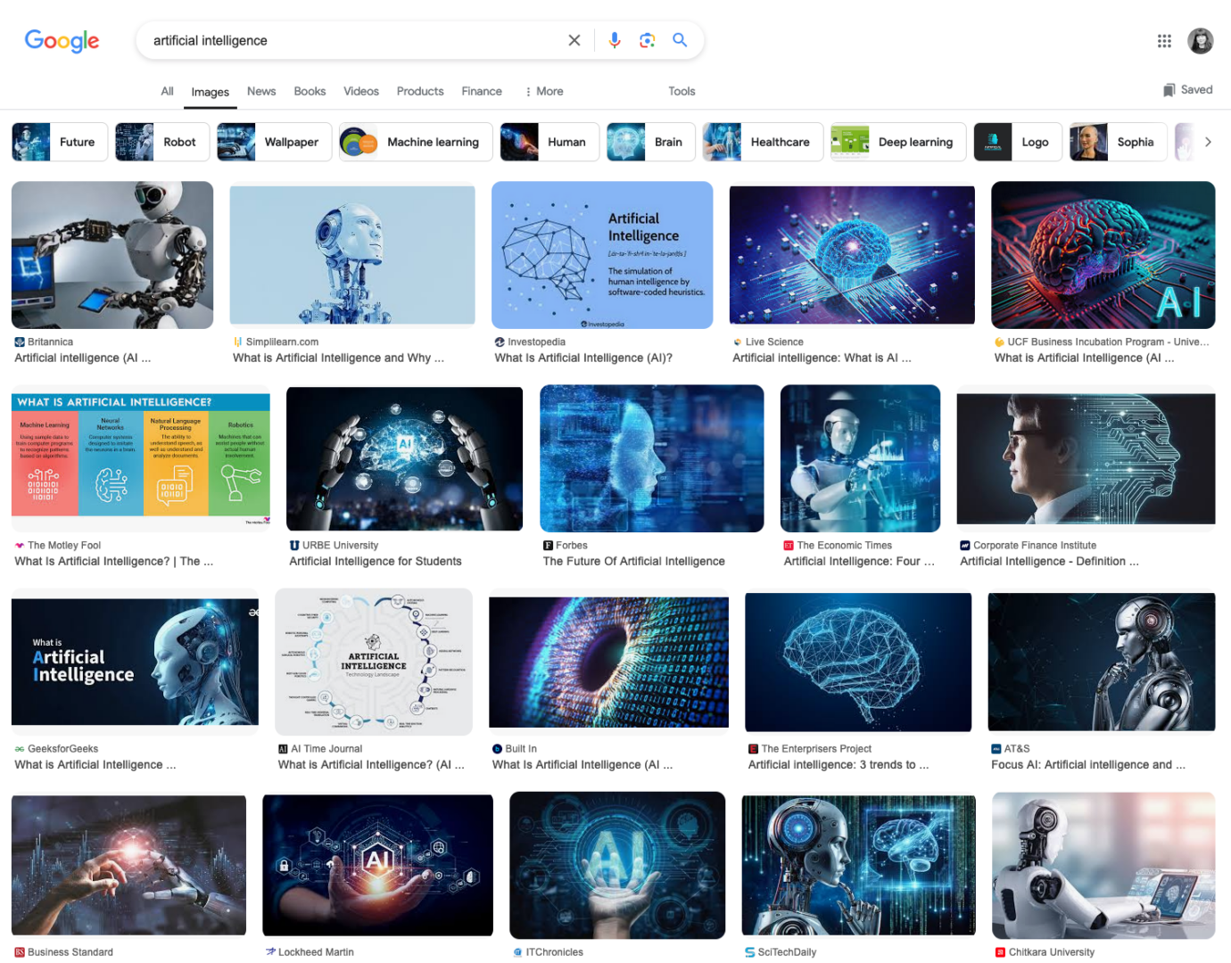 a Google image search for "artificial intelligence." The images shown represent various visualizations of artificial intelligence (AI), often depicting robots, neural networks, digital brains, and futuristic technology concepts. Some include graphics and charts explaining what AI is, alongside representations of data flows, digital environments, and advanced computing systems.