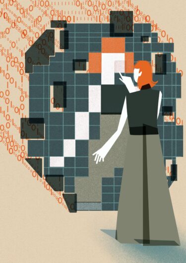 This image shows an individual with orange hair interacting with a large, abstract digital mirrored structure. The structure is composed of squares in varying shades of green, orange, white, and black which are pieced together to reflect the individual’s figure. The figure's hand is extended as if pointing to or interacting with the mirrored structure. Behind the structure are streams of binary code (0s and 1s) in orange, flowing towards the digital grid.