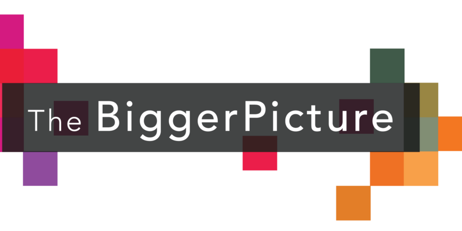 The image displays a logo for "The Bigger Picture." The text is in white and set against a black background, with the word "The" in a smaller font and "BiggerPicture" in a larger font, emphasizing the phrase. Surrounding the text are colorful square and rectangular shapes in various shades of red, purple, green, orange, and blue, giving the design a dynamic and modern feel. These shapes are arranged around the left and right sides of the logo.