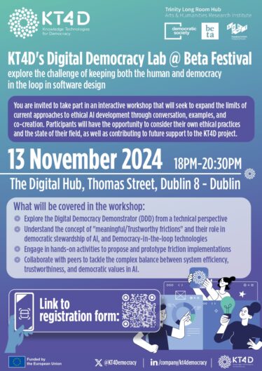 The image is a promotional flyer for *KT4D's Digital Democracy Lab @ Beta Festival* to be held on **13 November 2024** from **18:00 to 20:30** at **The Digital Hub, Thomas Street, Dublin 8**. The workshop aims to explore the challenge of keeping both the human element and democracy in the loop of software design, expanding the limits of current approaches to ethical AI development through conversations, examples, and co-creation. ### Key topics covered in the workshop: - Exploration of the **Digital Democracy Demonstrator (DDD)** from a technical perspective. - Understanding **"meaningful/Trustworthy frictions"** and their role in the democratic stewardship of AI, as well as Democracy-in-the-loop technologies. - Hands-on activities to propose and prototype friction implementations. - Collaborative discussions on balancing system efficiency, trustworthiness, and democratic values in AI. The flyer includes a QR code linking to the registration form for participants to sign up. Partner organizations mentioned: - **Trinity Long Room Hub** (Arts & Humanities Research Institute), - **Democratic Society**, - **Beta Festival**, - **ADAPT**. The event is funded by the **European Union**, and social media links for KT4D are provided (X: @KT4Democracy, LinkedIn: /company/kt4ddemocracy).