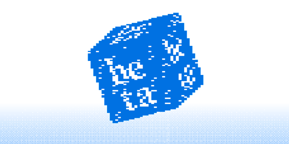 The image depicts a blue pixelated cube floating against a white background, with scattered white pixel details across its surface. The text on the cube spells out "be" and "ta" in a pixel font.