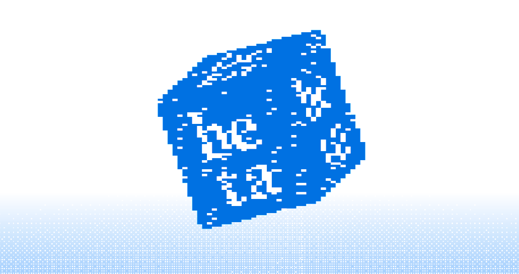 The image depicts a blue pixelated cube floating against a white background, with scattered white pixel details across its surface. The text on the cube spells out "be" and "ta" in a pixel font.