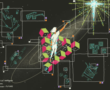 The painting shows a person standing on a staircase made of green and pink cubes, symbolising a Penrose staircase, in a cosmic environment. The person is reaching towards a glowing cross-shaped structure emitting binary code, representing AI's reach into the future. Surrounding the figure are outlined boxes showing various elements, such as glasses, medical tools, a self-driving car, and financial symbols, interconnected by white lines. The background is dark with star-like dots and features colour-coded boxes which mark different elements as relating to AI, human involvement, or unknown future developments in the various fields.