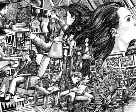 The image is a very detailed, black-and-white sketch-like illustration featuring a complex scene of interconnected figures and technology. The artwork portrays various individuals in different environments to represent the relationship between technology and humans. In the foreground, multiple people are surrounded by computer screens filled with data visualisations, charts, and technical information. A woman seated in an armchair appears deep in thought, surrounded by data-filled monitors. Beside her, a man leans over, using a tablet to assist with their inspection of a plant or tree. In the centre, a figure holds a large frame or screen displaying anatomical illustrations, representing the use of AI to analyse medical imagery. To the left, another person is intently observing a computer screen, while a second figure nearby is deeply immersed in analysing data. A woman dominates the right side of the composition, gazing upwards as if in contemplation or envisioning something beyond the immediate scene. The background features more people, including a family holding hands, and other abstract representations of data.