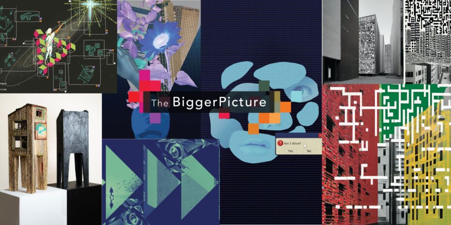 A collage featuring artworks from The Bigger Picture project. Central text reads 'The Bigger Picture' against a colorful background of overlapping squares. Surrounding this text are various digital and physical art pieces depicting abstract and futuristic interpretations of Artificial Intelligence (AI). Top left shows a human figure among geometric shapes and lines, representing connections; top right displays black-and-white patterns on tall buildings; bottom left includes two sculptures resembling small structures on stilts; bottom center and right use vivid colors and digital distortion effects, creating a modern, tech-inspired aesthetic. The images convey diverse, imaginative perspectives on AI.