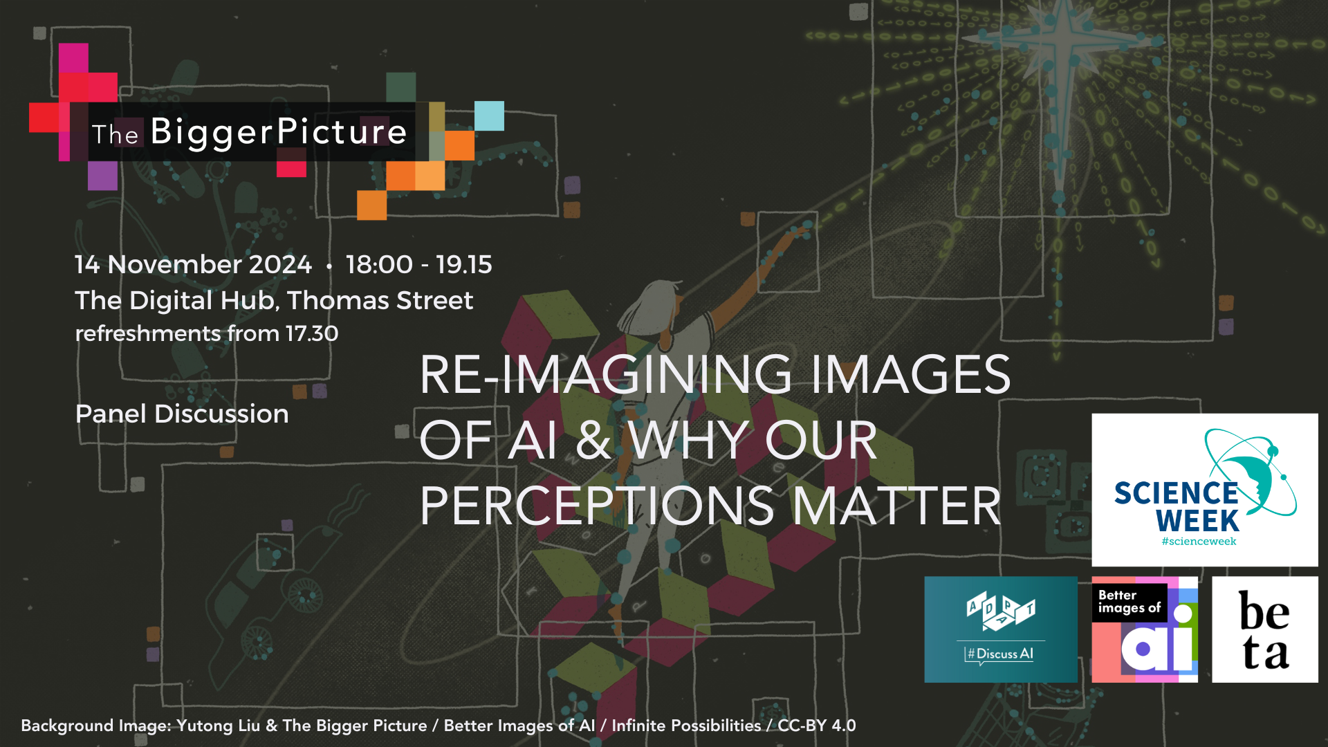 The promotional graphic is for an event titled "The Bigger Picture: Re-imagining Images of AI & Why What We See Matters". It will be held on 14 November 2024 from 18:00 to 19:15 at The Digital Hub, Thomas Street, with refreshments available from 17:30. The event explores the representation of artificial intelligence in media and culture and its significance. The background illustration, credited to Yutong Liu & The Bigger Picture / Better Images of AI / Infinite Possibilities, is licensed under CC-BY 4.0. The event is part of Science Week and includes logos for ADAPT, Discuss AI, Better Images of AI, and Beta Festival.