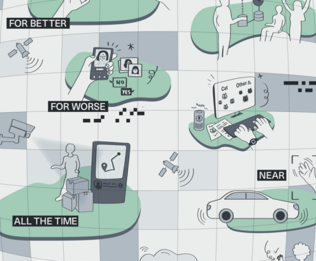 This image uses minimalist line art and adopts a monochromatic colour palette with soft green accents. The composition is built upon a spherical grid system that mirrors Earth's curvature, creating a dynamic digital backdrop and an immersive sense of depth. The image is split into various quadrants which each represent different themes: 'for better', 'for worse', 'all the time', 'far' and 'near'. In the top left is 'for better', it illustrates hands piecing together cloud-shaped puzzle pieces which have different images within them, including: a heart, a light bulb, a lock, and data symbols. In the top right, 'far' includes elements like satellites and lab equipment. In the middle of the image, 'for worse' illustrates a person holding a smartphone showing face recognition option with 'YES' or 'NO'. In the bottom left, 'all the time' shows a person under surveillance by a camera and being monitored by a digital device. Finally, in the bottom right, 'near' shows a car surrounded by wireless signals and a digital assistant.