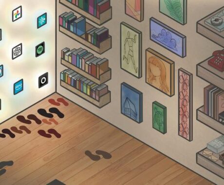 This image shows the corner of a room, with wooden floor with two walls - one is smaller than the other. On the left smaller wall, glowing app icons, with logos including Netflix, Spotify, OpenAI, and Alexa are arranged in a grid. Multiple sets of dark footprints converge toward these icons on the floor. The room’s right side features wooden shelves with various items: stacks of books, a vintage red rotary phone, vinyl records, and framed artwork. These objects are slightly shadowed and appear darker, but occupy the larger wall. On the floor’s bottom left corner, a few footprints veer off in the opposite direction to the other footsteps which were facing the glowing apps.