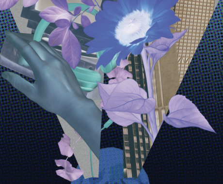 digital collage featuring a blue-toned hand reaching out, surrounded by overlapping elements, including lavender-colored leaves, a large blue flower, and urban architecture in the background. The image has an abstract, layered composition, combining organic shapes with geometric patterns. The background is a gradient of dark blue with a subtle dotted texture, and at the bottom, a blue face pattern fades into the background, adding a ghostly effect to the artwork