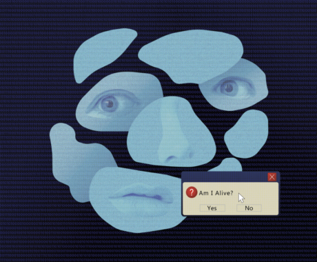 A human face depicted within fragments of the primary color blue, alongside a Windows 365 error pop-up with the question 