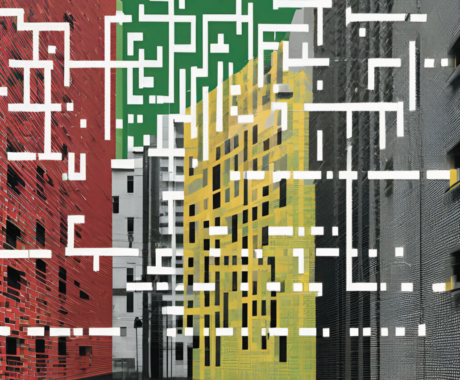 An abstract cityscape with vibrant red, green, yellow, and grey buildings with a brick-like texture. White lines resembling digital circuits flow through the cityscape, some continuous and others fractured, symbolizing the invisible data networks and algorithmic systems that power modern society. The lines’ origins and destinations are unclear, reflecting the lack of transparency in how AI operates beneath the surface of daily life. This refers to the ubiquity and complexity of AI, built and deployed by humans but often difficult to understand.