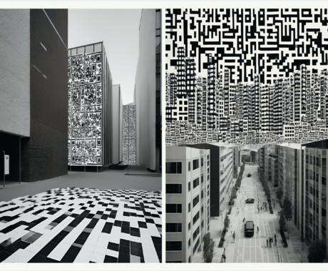 A split image showing two cityscapes dominated by giant black-and-white QR code-like patterns. On the left, tall buildings and the street are completely covered in these codes, blending into the urban environment. On the right, pedestrians walk along a street lined with high-rise buildings that merge with the digital codes. The figures are glitchy, appearing almost AI-generated, blurring the line between real and digitally fabricated. The skyline fades into a dense network of codes. The artwork uses a stark black-andwhite aesthetic.