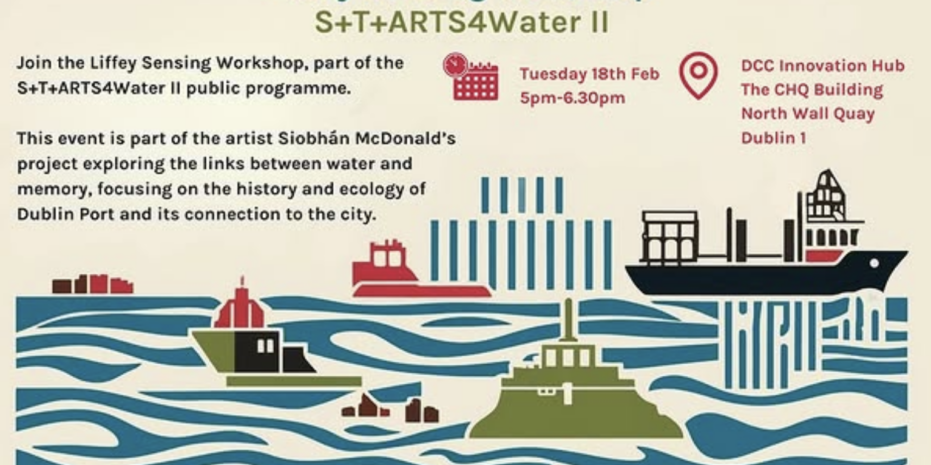 Promotional poster for the Liffey Sensing Workshop, a public program within S+T+ARTS4Water II, featuring a stylised illustration of Dublin Port with ships and the River Liffey, along with event details like date, time, location (DCC Innovation Hub), and a description of artist Siobhán McDonald's project exploring water, memory, and the port's history and ecology.